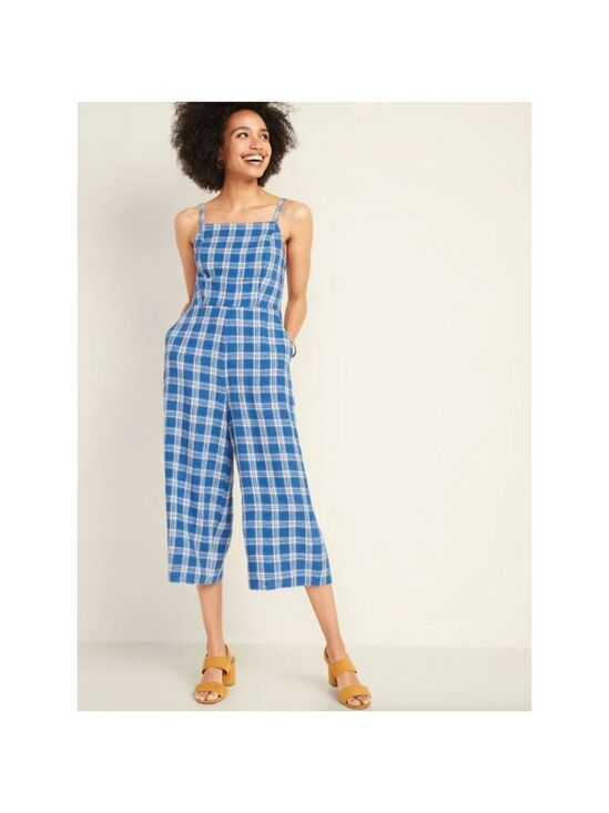 Old Navy Pants - Women's Old Navy Blue White Plaid Cropped Square Neck Jumpsiit size M
